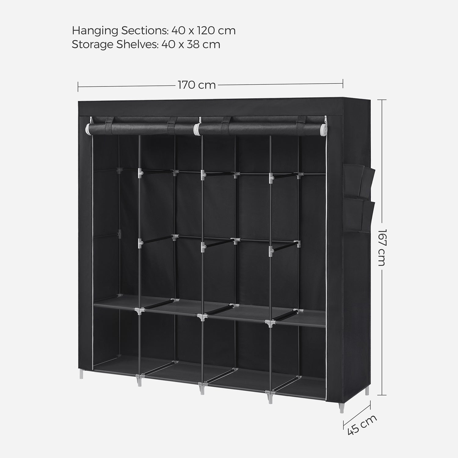 Leinenschrank - Stoffgarderobe - 45 x 170 x 167 cm - mit Regalen - Schwarz