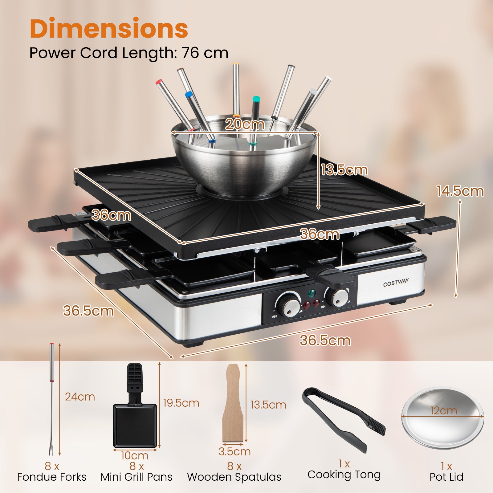 Raclettegrill – med fondue, W elgrill för personer, non stick grillplatta och pannor – 2200 8 8
