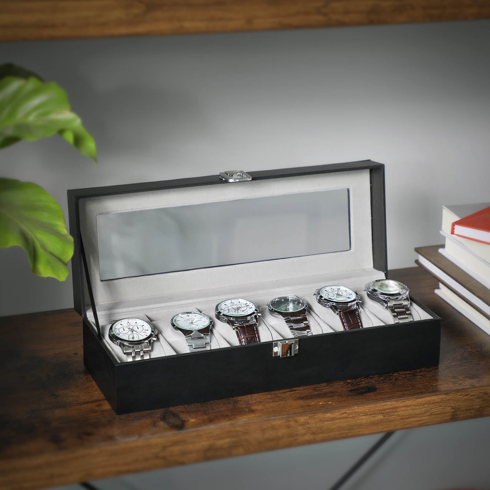 Watchbox - Uhrschrank mit Glasdeckel - für 6 Uhren - Schwarz