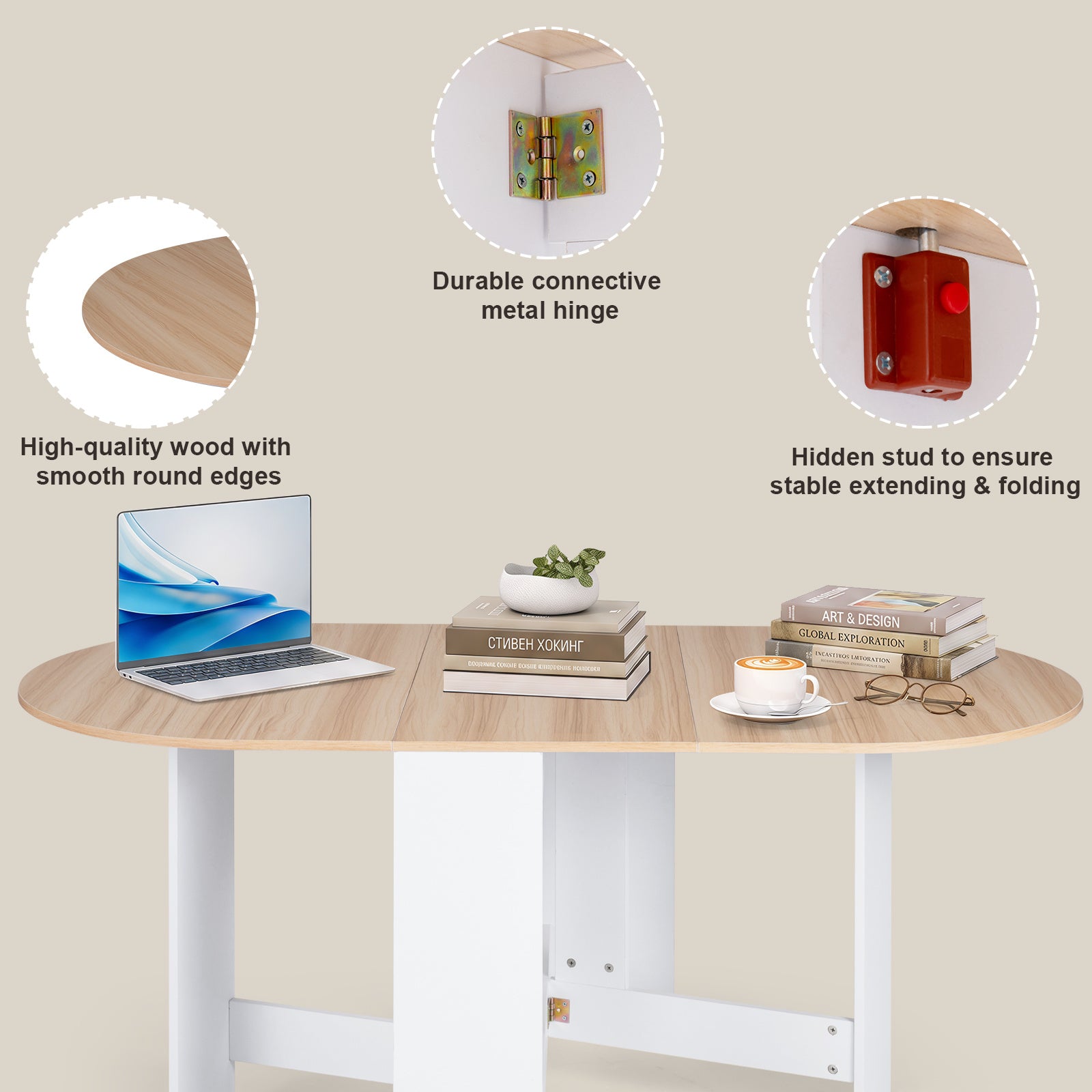 Rund – fällbord, balkongbord, fällbart trädgårdsbord för 4‑7 personer vitt – 163 x 80 x 75 cm