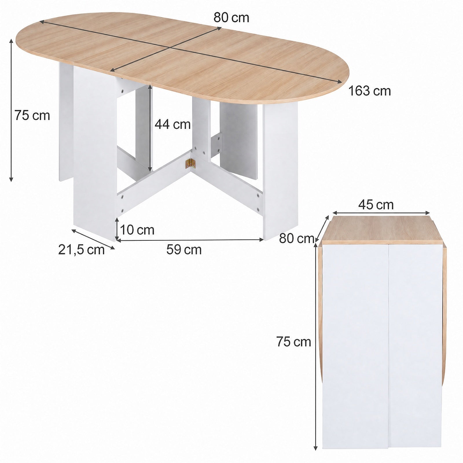 Rund – fällbord, balkongbord, fällbart trädgårdsbord för 4‑7 personer vitt – 163 x 80 x 75 cm