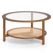Rund – soffbord diameter cm, sidobord med glasplatta och öppen plastrottinghylla, valnötfärgad – 90