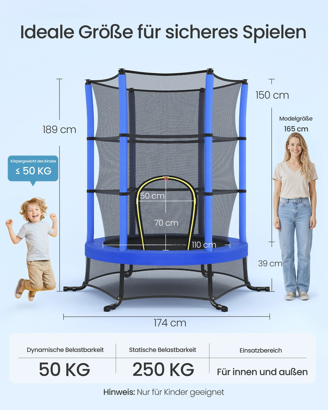 Kindertrampoline - 174 cm - Met Veiligheidsnet - Randbescherming - Blauw