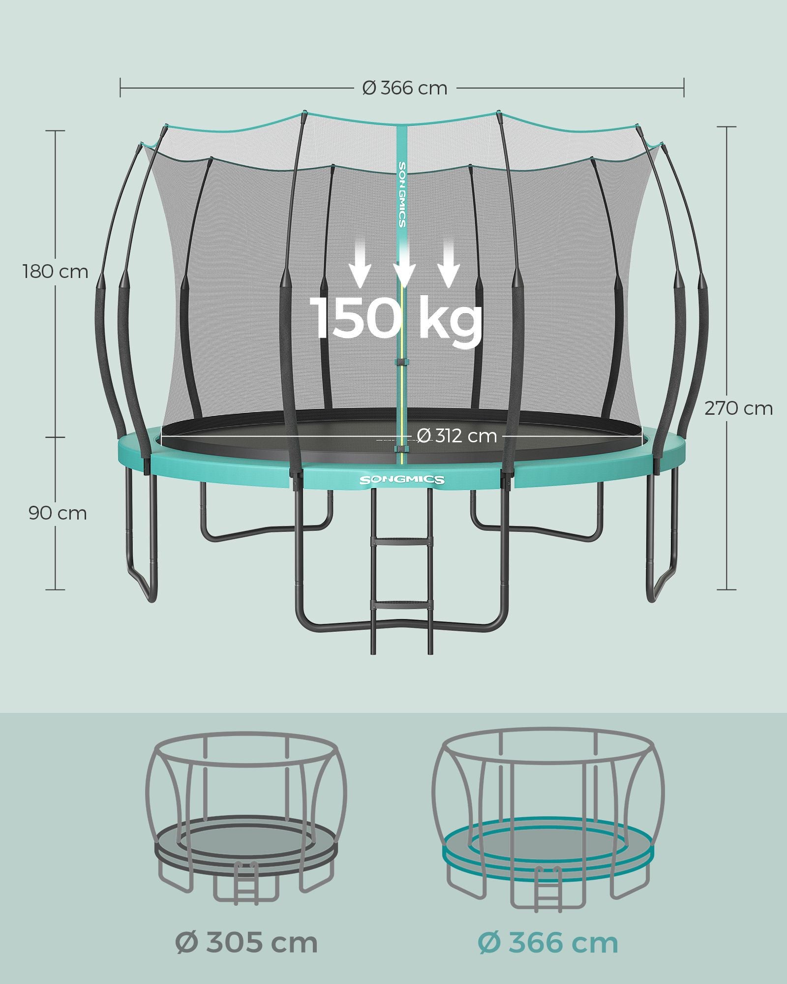 Trampolin - Ø 366 cm - mit Reißverschluss - Meerblau