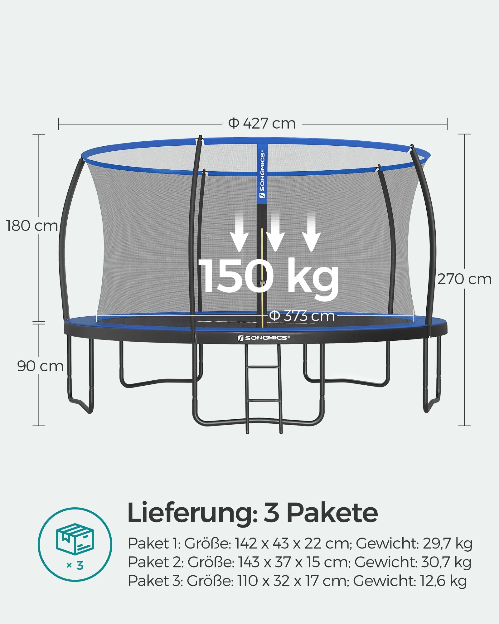 Tuintrampoline - 427 cm - Met Veiligheidsnet - Ladder - Zwart-Blauw