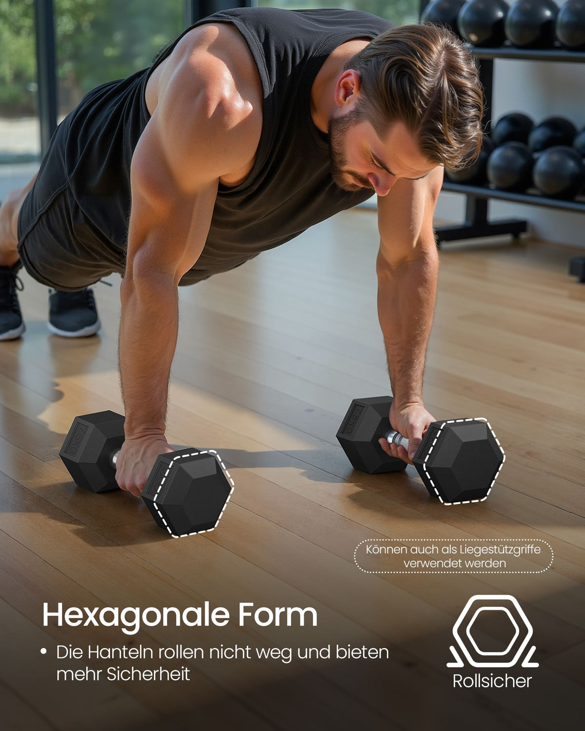 Hexagon Dumbbell – 15 kg – Gietijzer – Antislip Handvat – Zwart