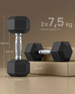 Hexagon Dumbbell – 15 kg – Gietijzer – Antislip Handvat – Zwart