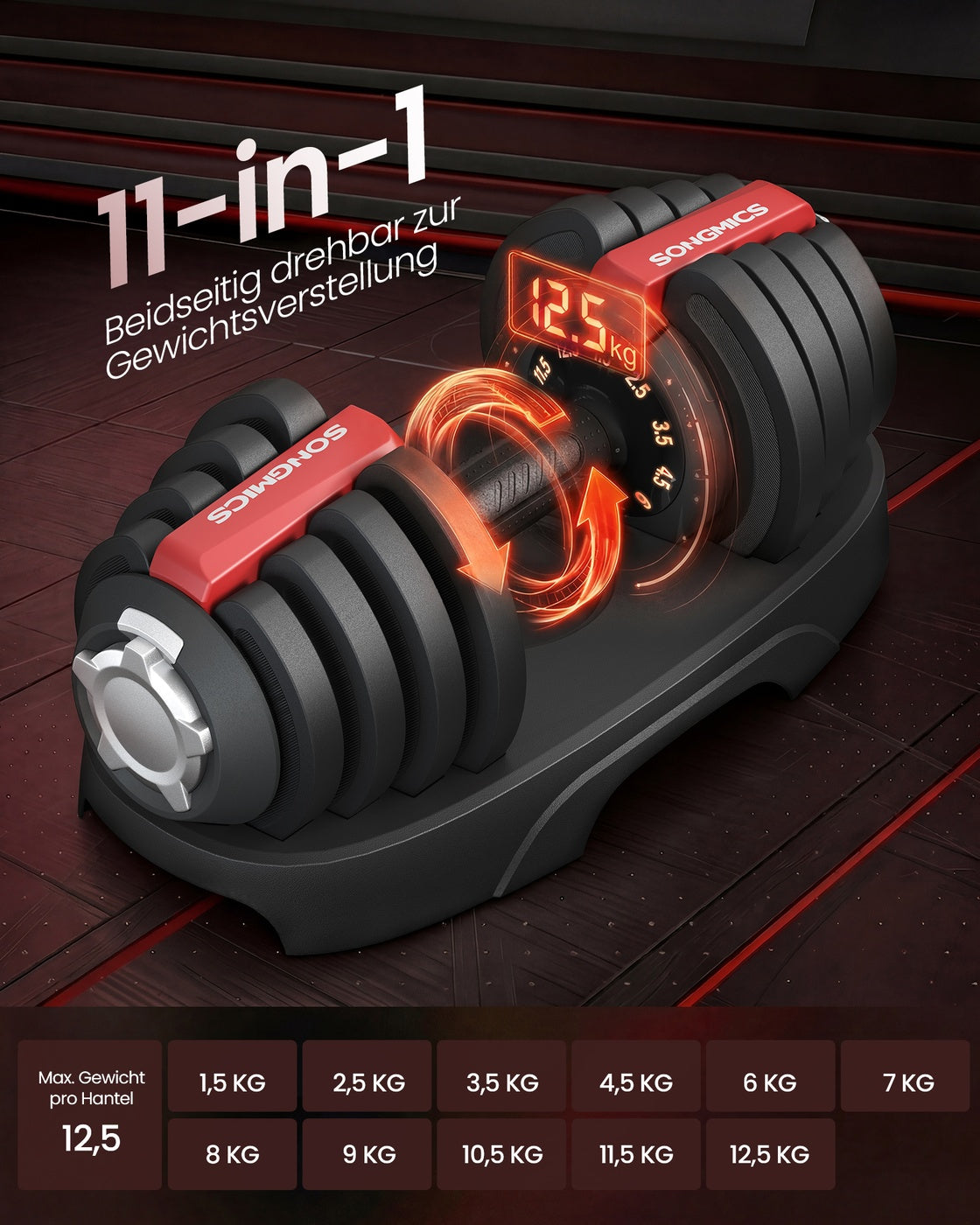 Dumbbells - 40 x 20 x 18 cm - Verstelbaar van 1,5 kg tot 12,5 kg - Antislip handgreep - Zwart en rood - Totaal gewicht 25 kg