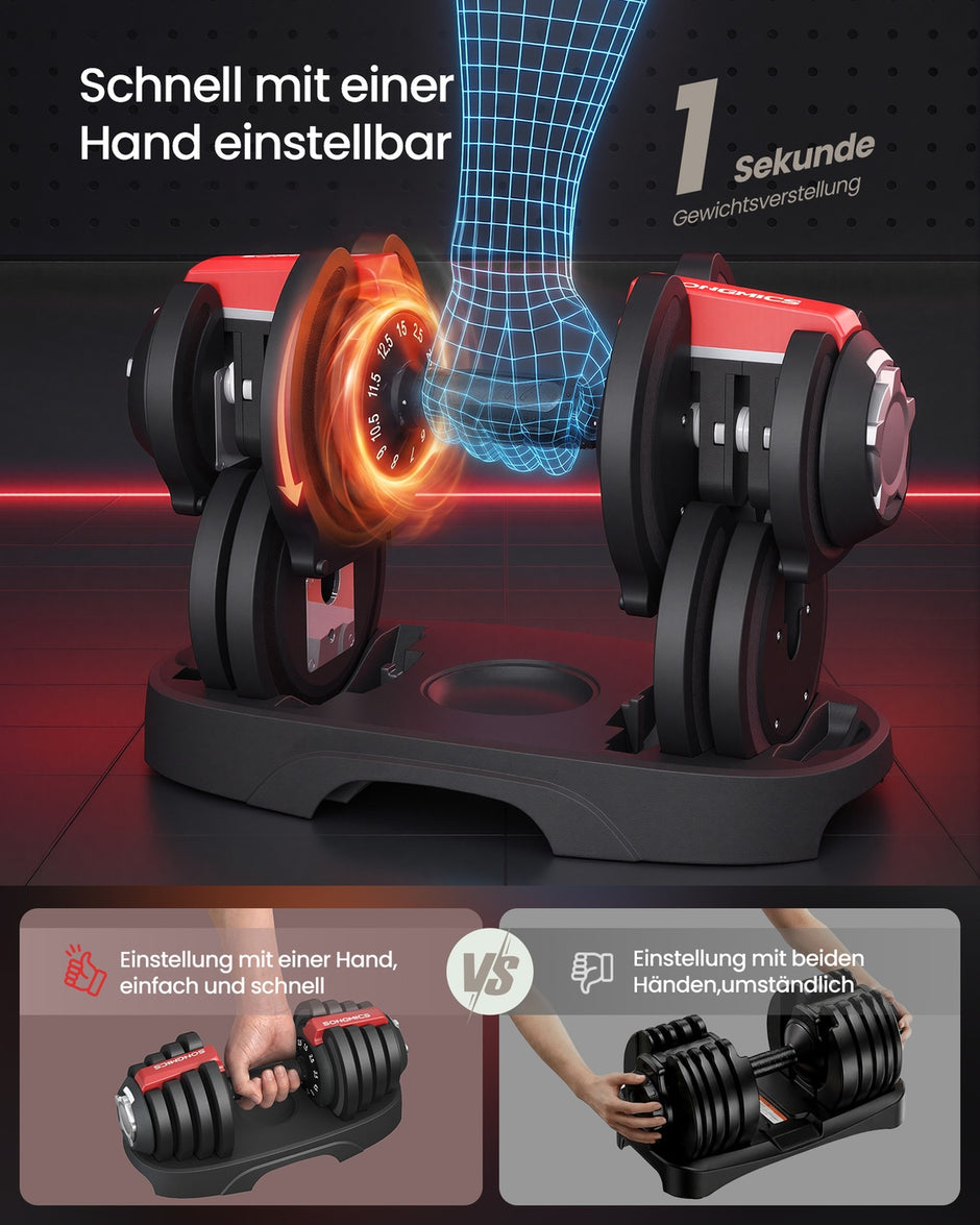 Dumbbells - 40 x 20 x 18 cm - Verstelbaar van 1,5 kg tot 12,5 kg - Antislip handgreep - Zwart en rood - Totaal gewicht 25 kg