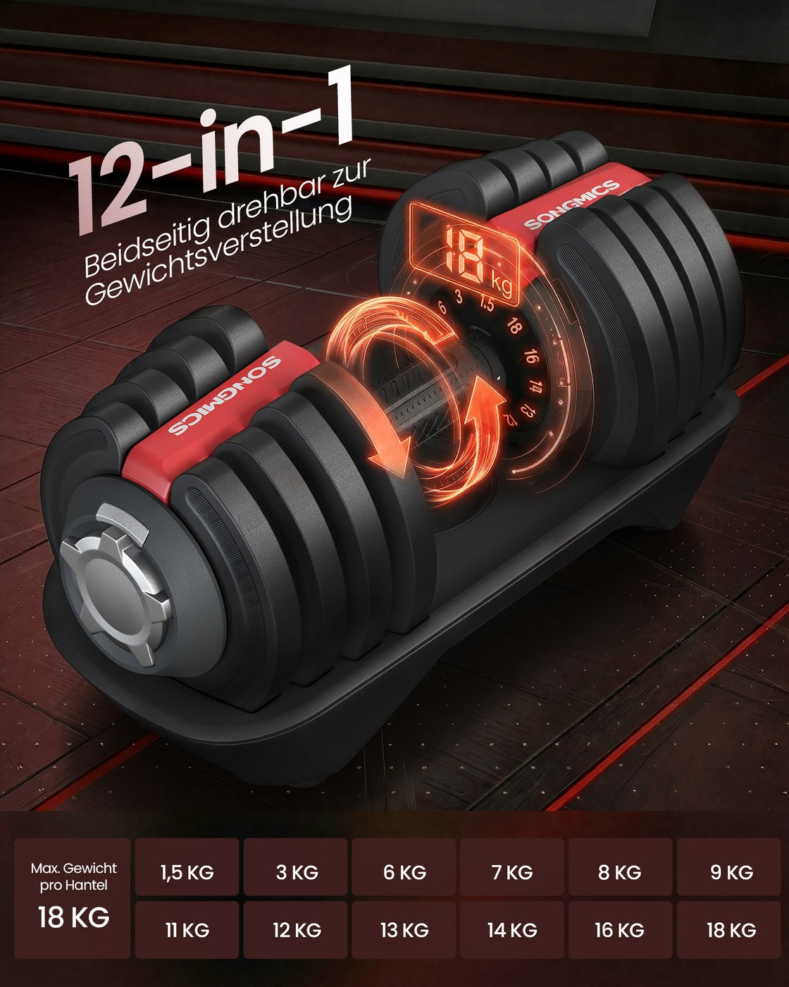 Verstelbare dumbbells - 1,5 kg tot 18 kg - Zwart en Rood - Inclusief standaard - 40 x 20,5 x 20,5 cm - Antislip handgreep