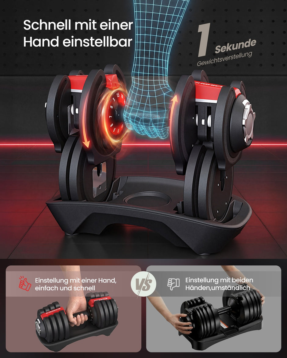 Verstelbare dumbbells - 1,5 kg tot 18 kg - Zwart en Rood - Inclusief standaard - 40 x 20,5 x 20,5 cm - Antislip handgreep