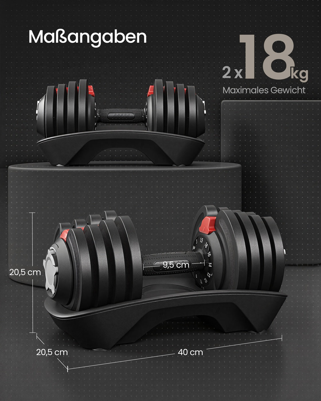 Verstelbare dumbbells - 1,5 kg tot 18 kg - Zwart en Rood - Inclusief standaard - 40 x 20,5 x 20,5 cm - Antislip handgreep