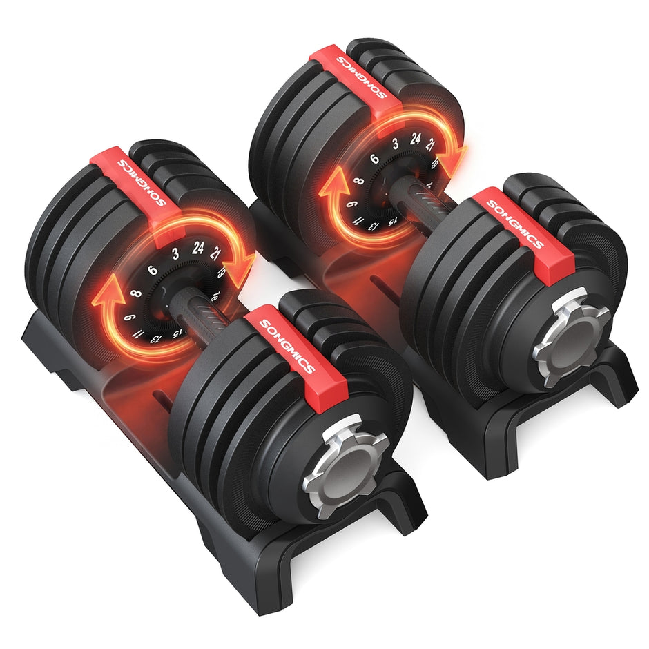 Dumbbells - 3 kg tot 24 kg - Verstelbaar - Zwart en rood - Totale gewicht 48 kg - Afmetingen 40 x 20 x 21 cm