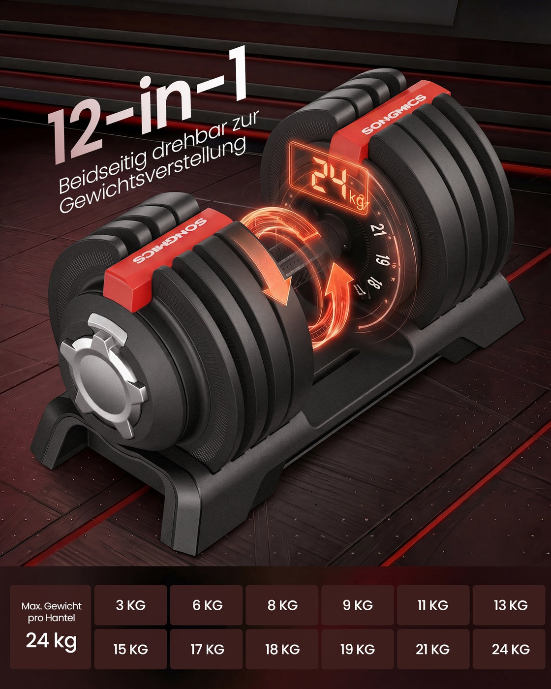 Dumbbells - 3 kg tot 24 kg - Verstelbaar - Zwart en rood - Totale gewicht 48 kg - Afmetingen 40 x 20 x 21 cm