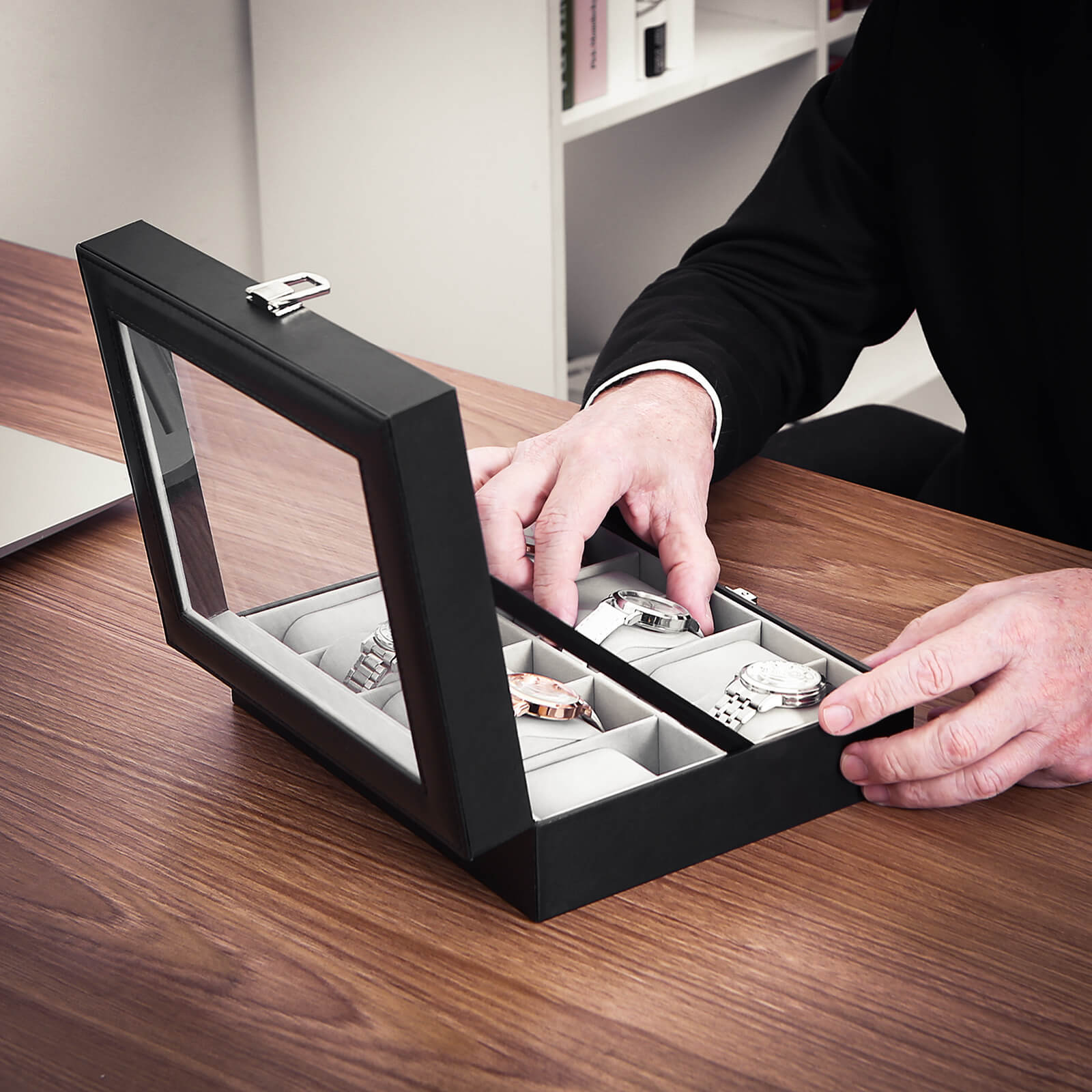 Watchbox - 10 Fächer - Glasdeckel - schwarz/grau