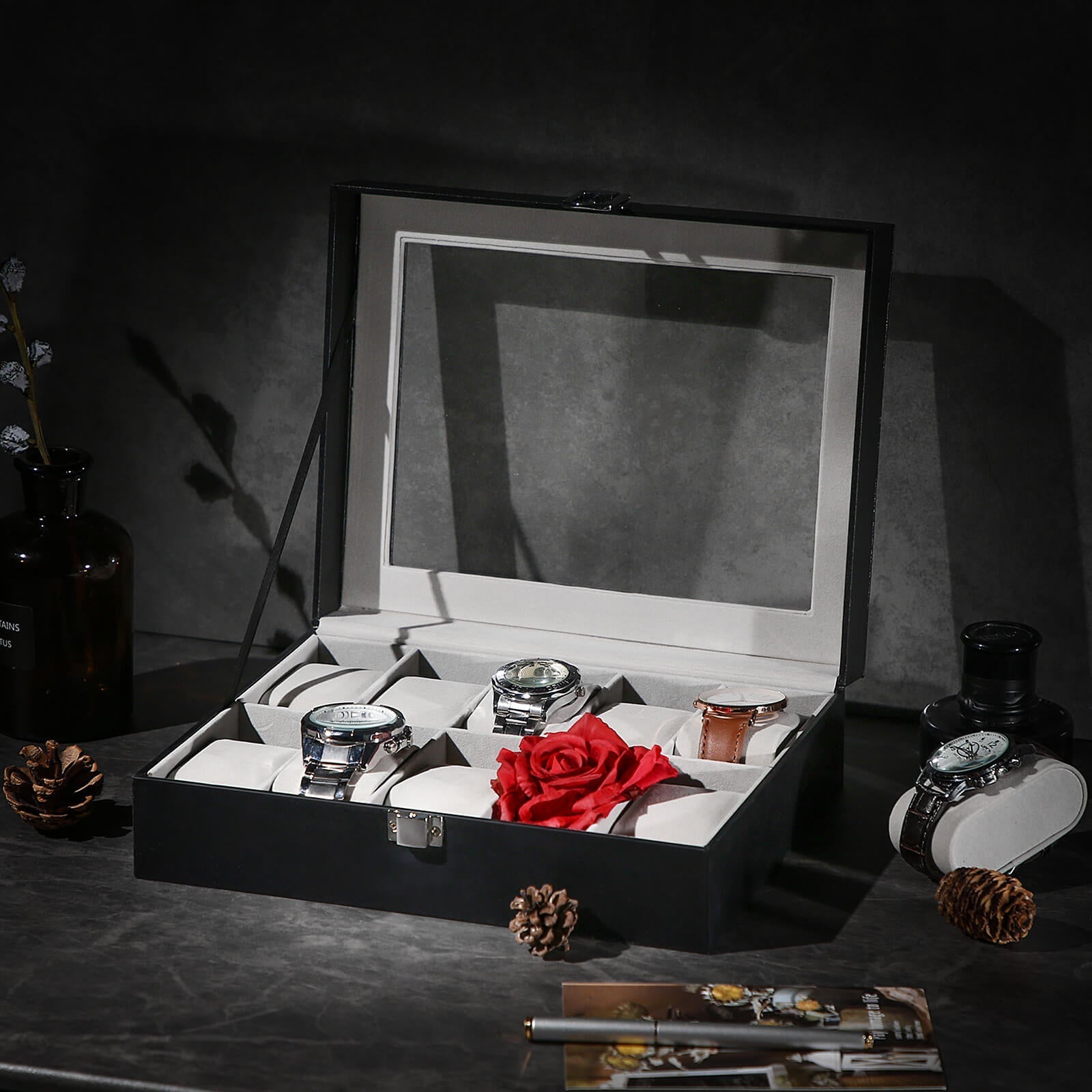Watchbox - 10 Fächer - Glasdeckel - schwarz/grau