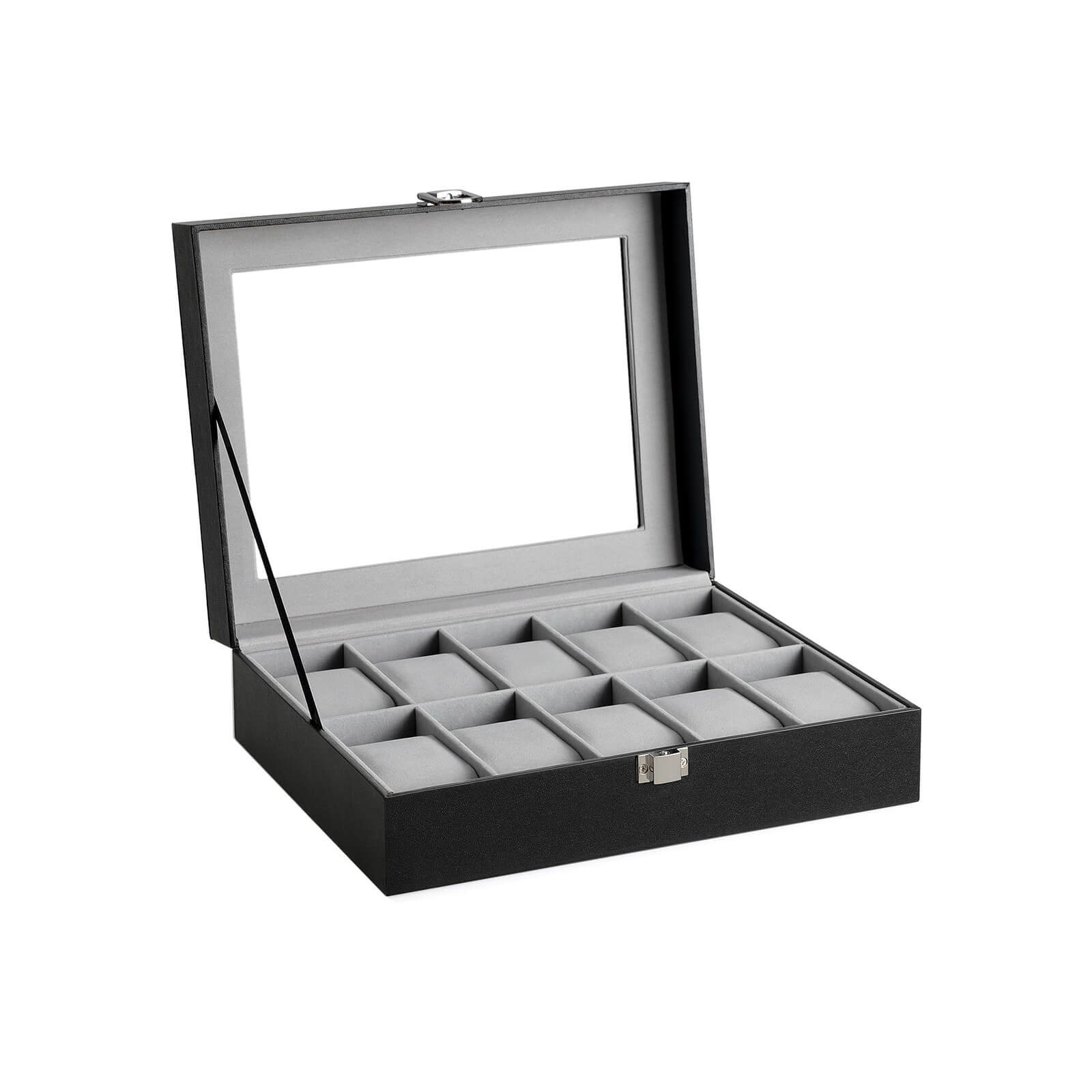 Watchbox - 10 Fächer - Glasdeckel - schwarz/grau