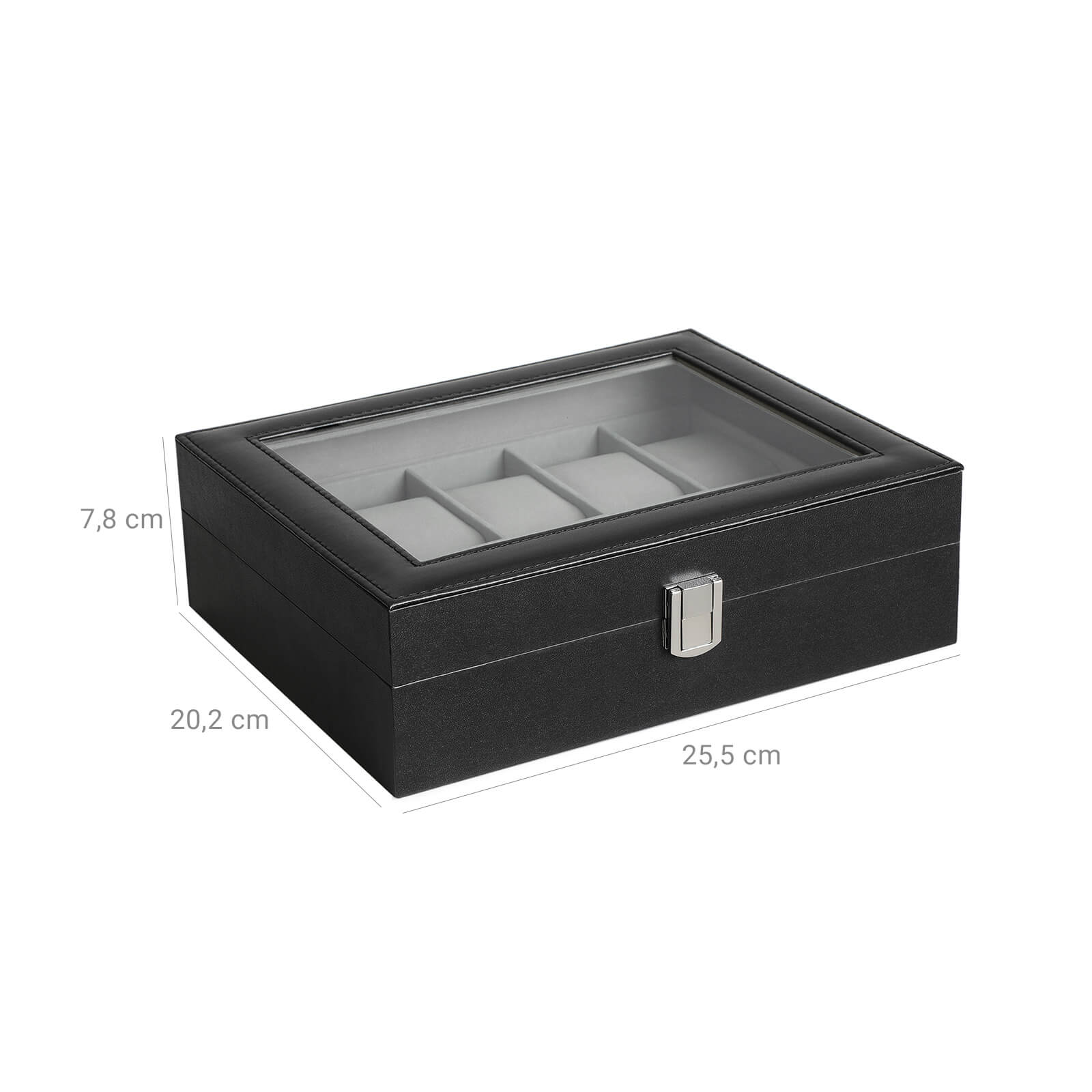 Watchbox - 10 Fächer - Glasdeckel - schwarz/grau
