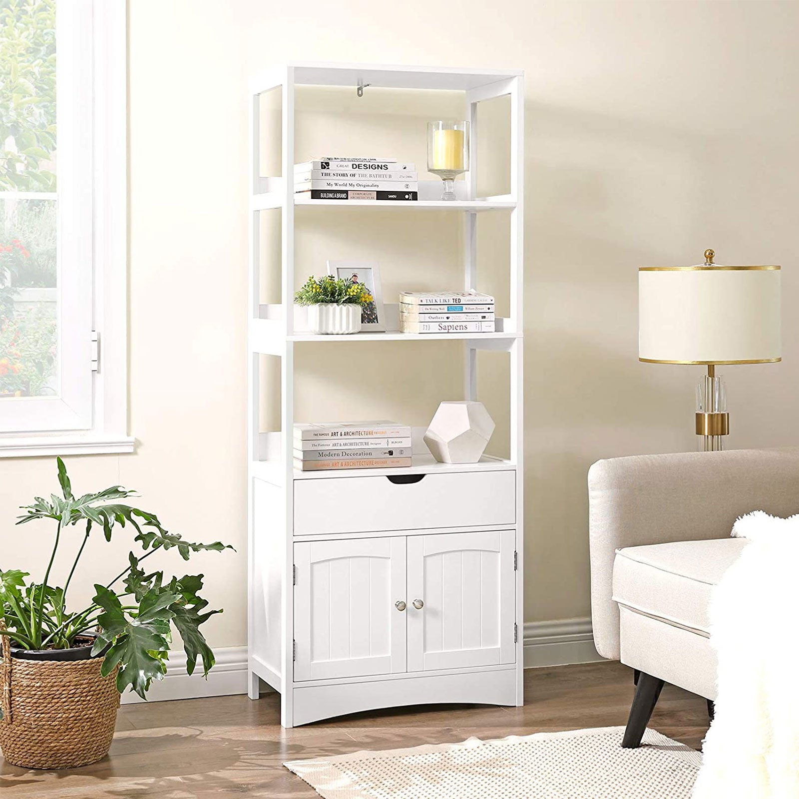 Badezimmerschrank - abgetrennter Hochschrank - 60 x 32,5 x 154 cm - 3 offene Fächer - 1 Schublade - 2 Türen - Weiß
