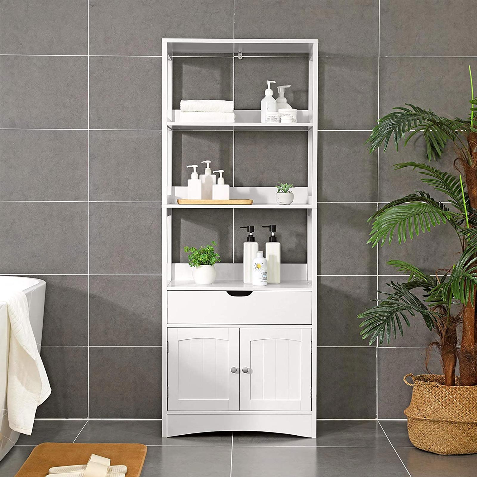 Badezimmerschrank - abgetrennter Hochschrank - 60 x 32,5 x 154 cm - 3 offene Fächer - 1 Schublade - 2 Türen - Weiß