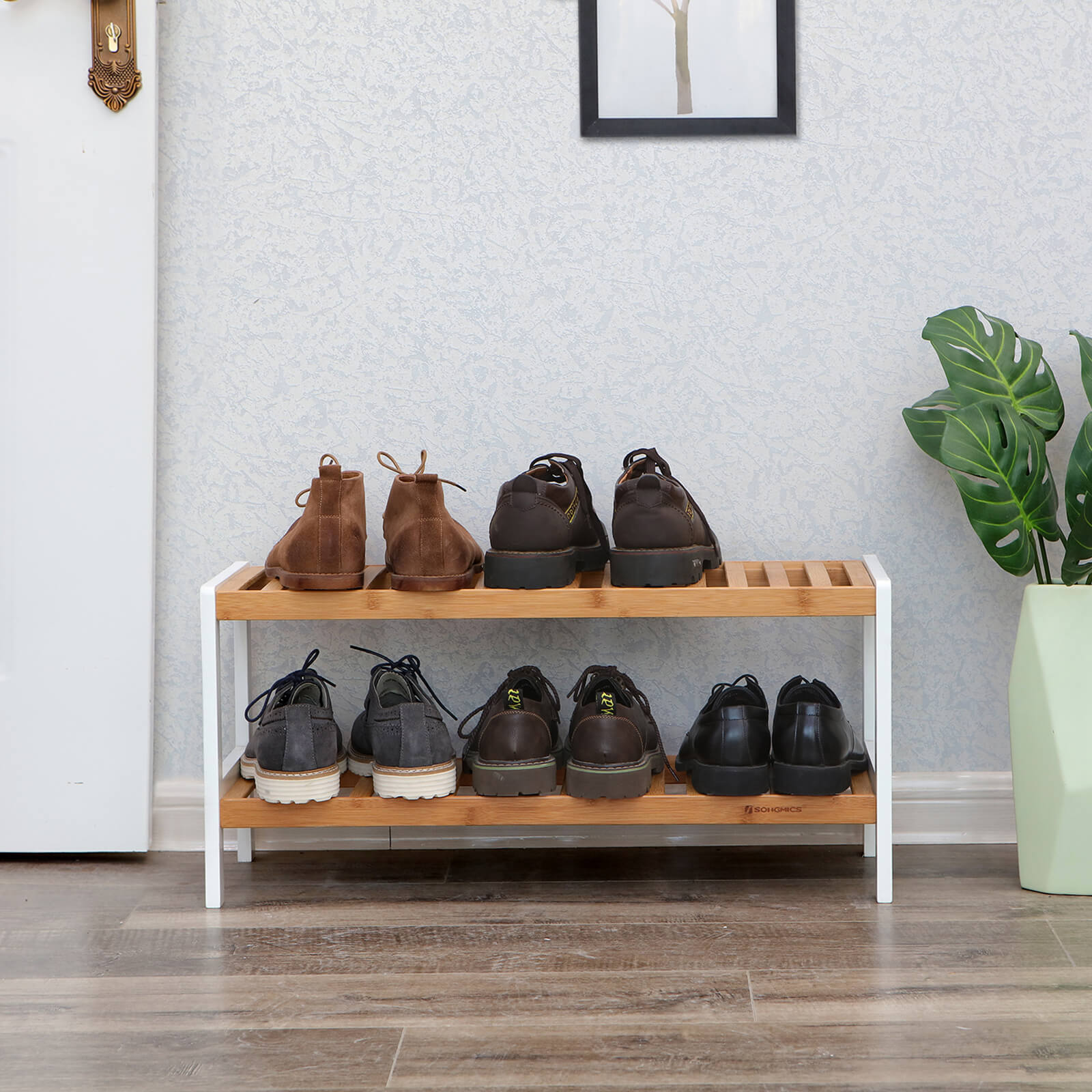 Schuhregal - Bambus - 2 Level - Badezimmerregal - weiß/natürlich