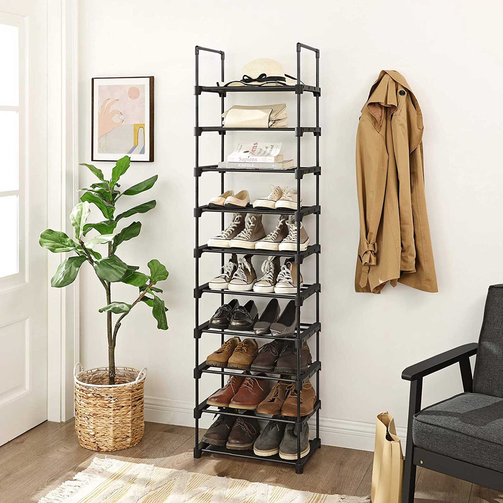 Schuhregal - Metallständer mit 10 Regalen - 45x30x174 cm - Schwarz