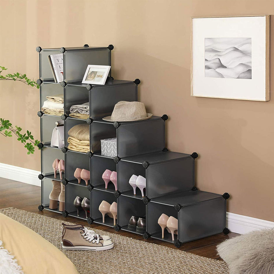 Schuhregal - Würfelschrank - mit 15 Fächern - Plastik - Schwarz