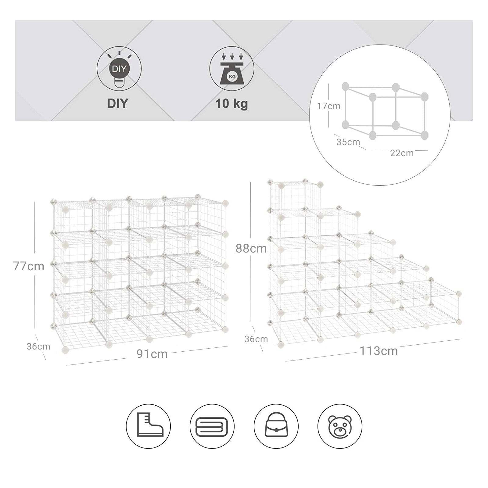 Schuhregal - Würfelschrank - 15 Metalldrahttaschen - Weiß