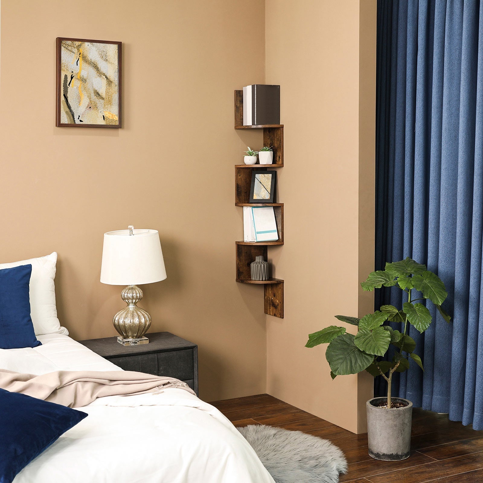 Eckschrank - schwimmendes Eckbrett - Wandregal - Holzaus Look - braun