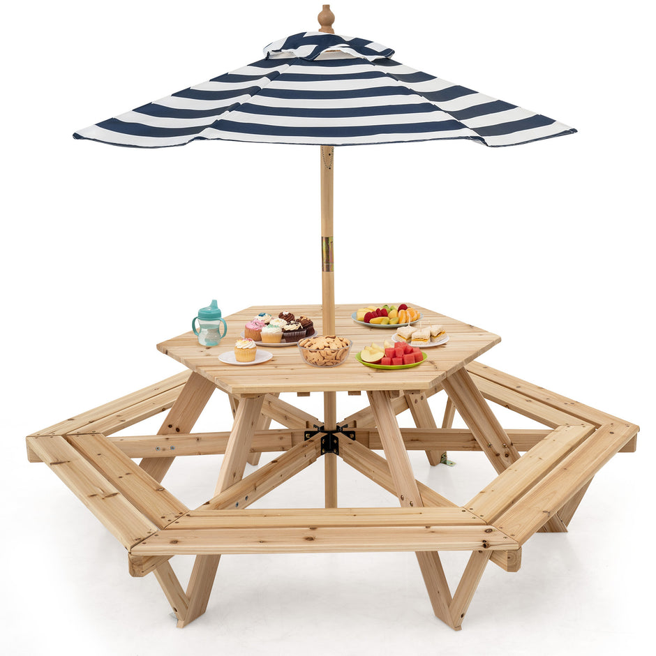 Sexkantigt – barnpicknickbord, barnsittgrupp med avtagbart solskydd för – 6