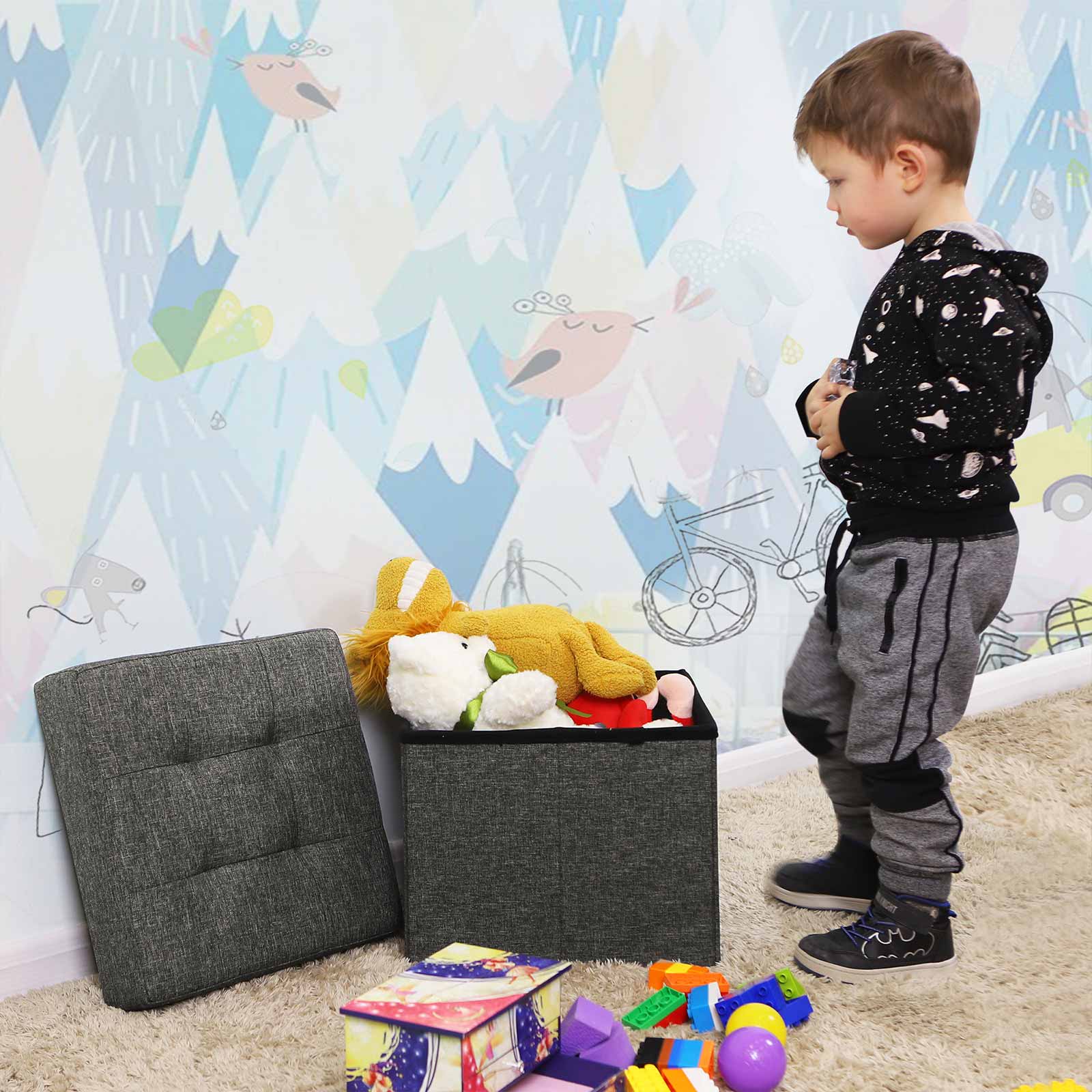 Pouf - mit Stauraum - Holzbeine - Sitzkasten - Beige