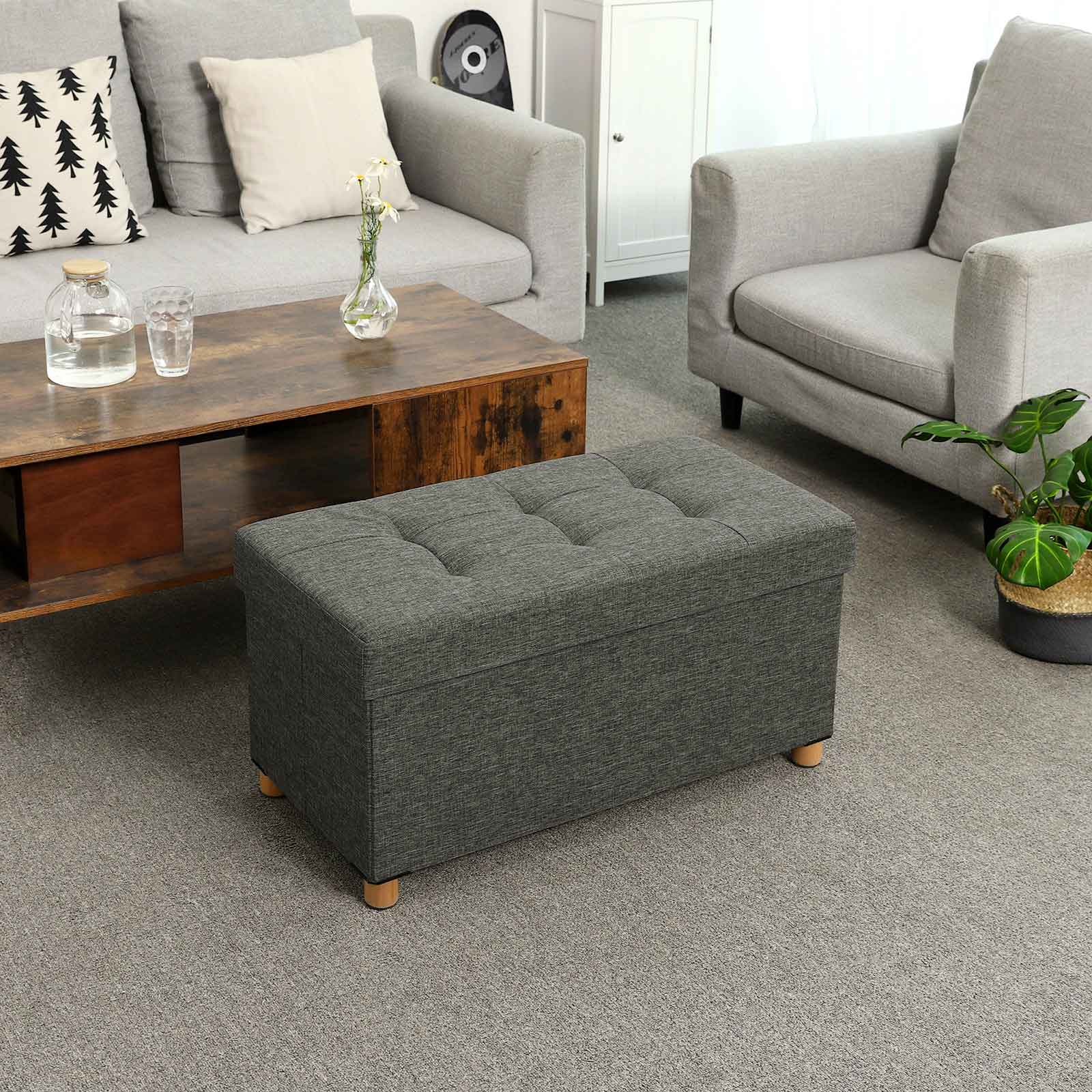 Sitzkiste - Pouf mit Stauraum und Deckel - Fußstopp - Holzbeine - 76 x 38 x 40 cm - Dunkelgrau