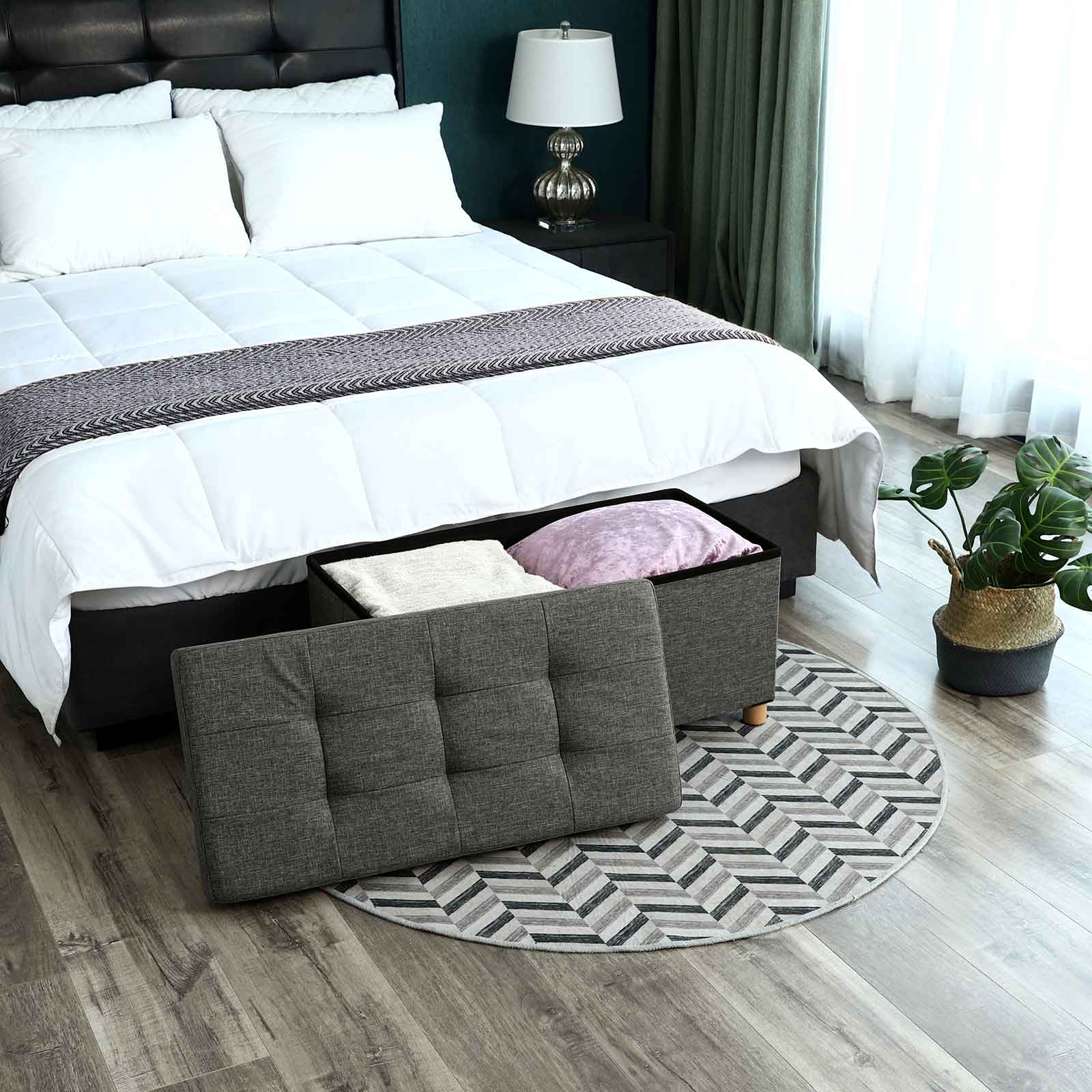 Sitzkiste - Pouf mit Stauraum und Deckel - Fußstopp - Holzbeine - 76 x 38 x 40 cm - Dunkelgrau