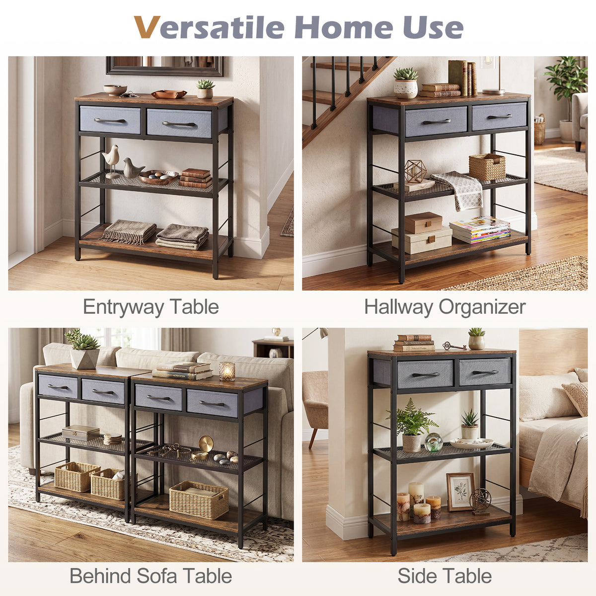 Smal – konsolbord, entrébord med två tygfacklådor och öppna hyllor cm, rustikbrunt – 60 x 30 x 81