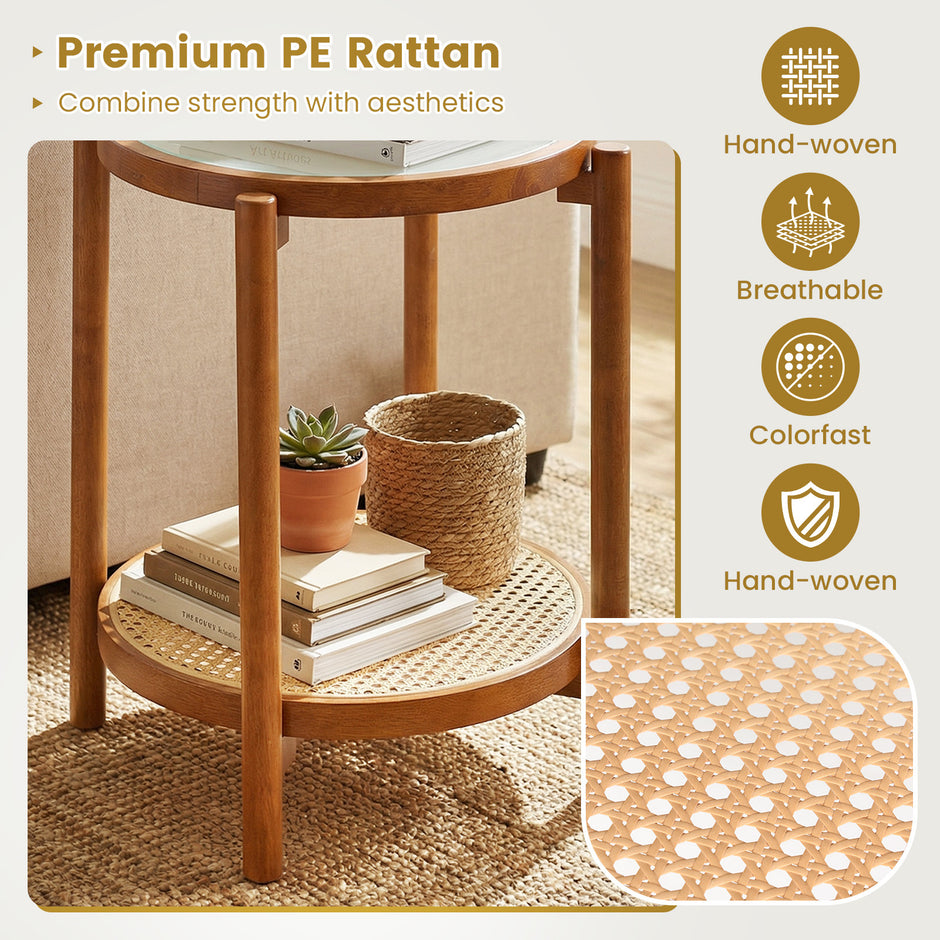 Soffbord – i boho stil med glasplatta och rottinghylla, sidobord – 47,5 x 47,5 x 58 cm