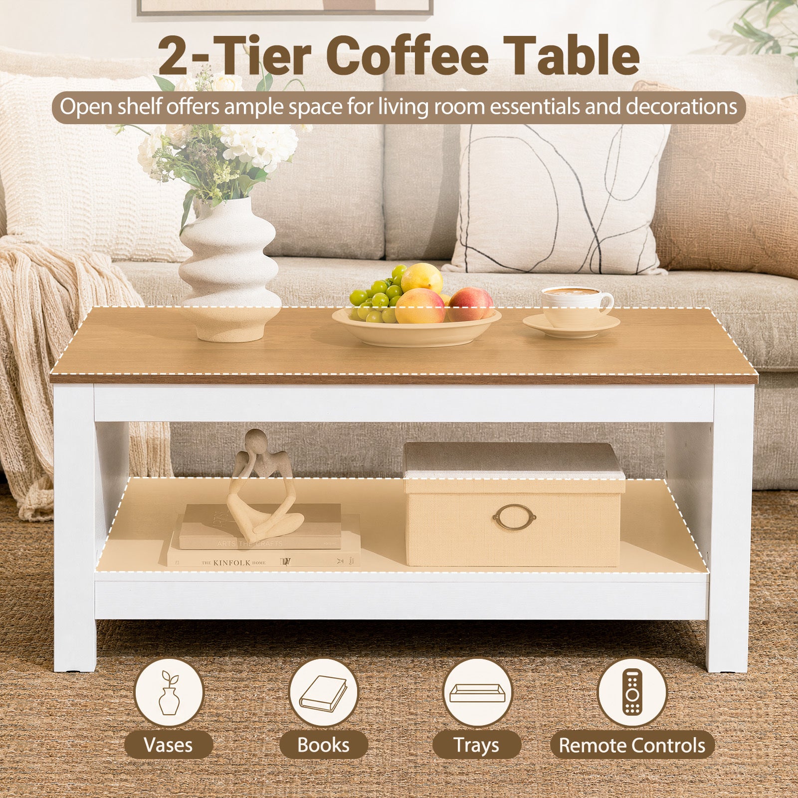 Soffbord – med förvaring, tvånivå vardagsrumsbord Vitt – 105 x 60 x 46 cm