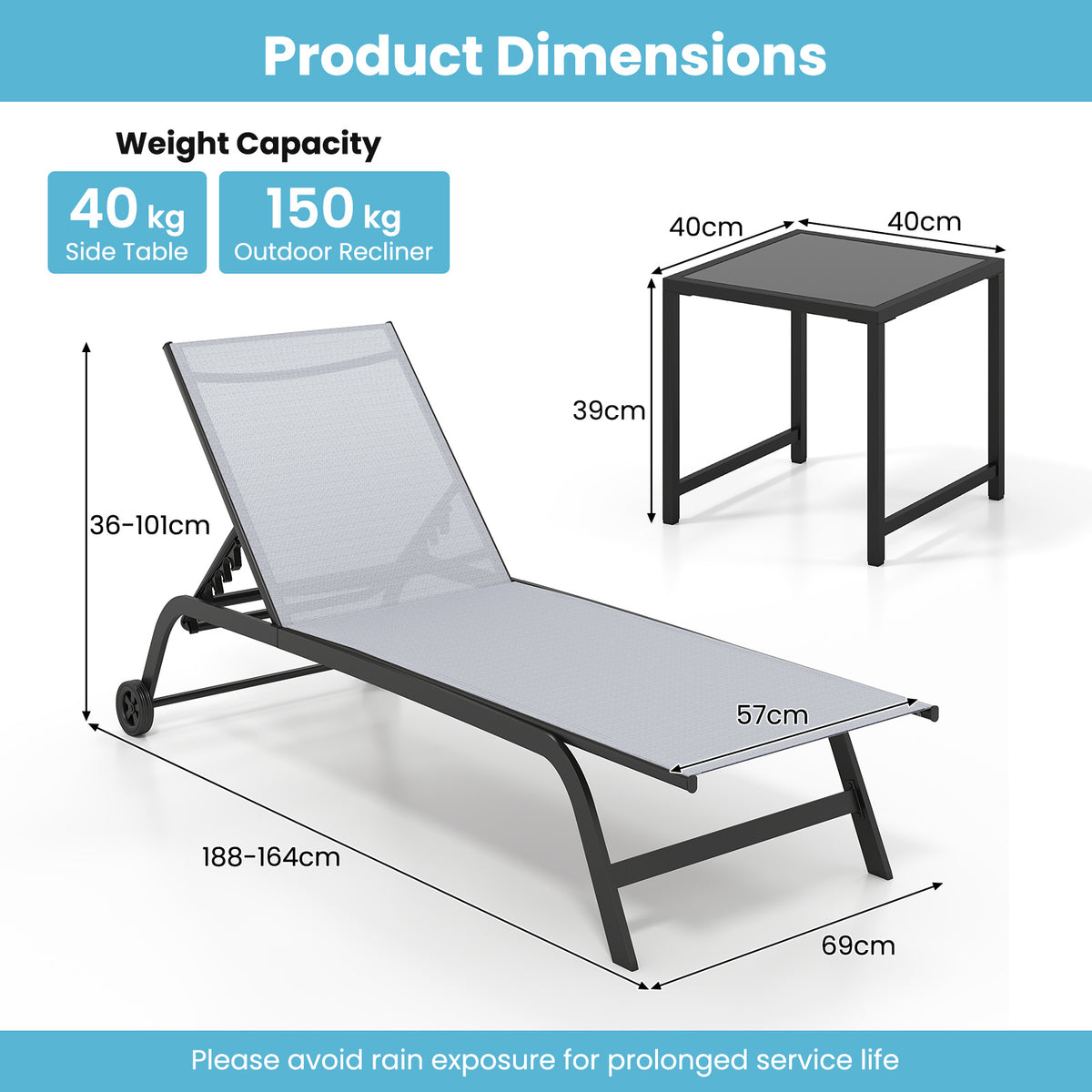 Solsäng – med hjul och sidobord, utomhusliggare maxbelastning upp till – 150 kg
