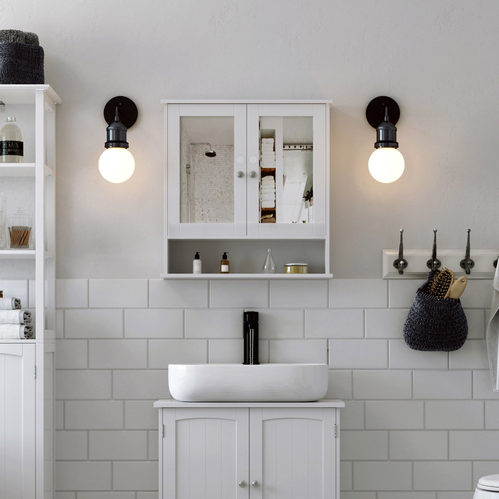 Spiegelschrank - Wandschrank - Doppeltür - Holz - Weiß