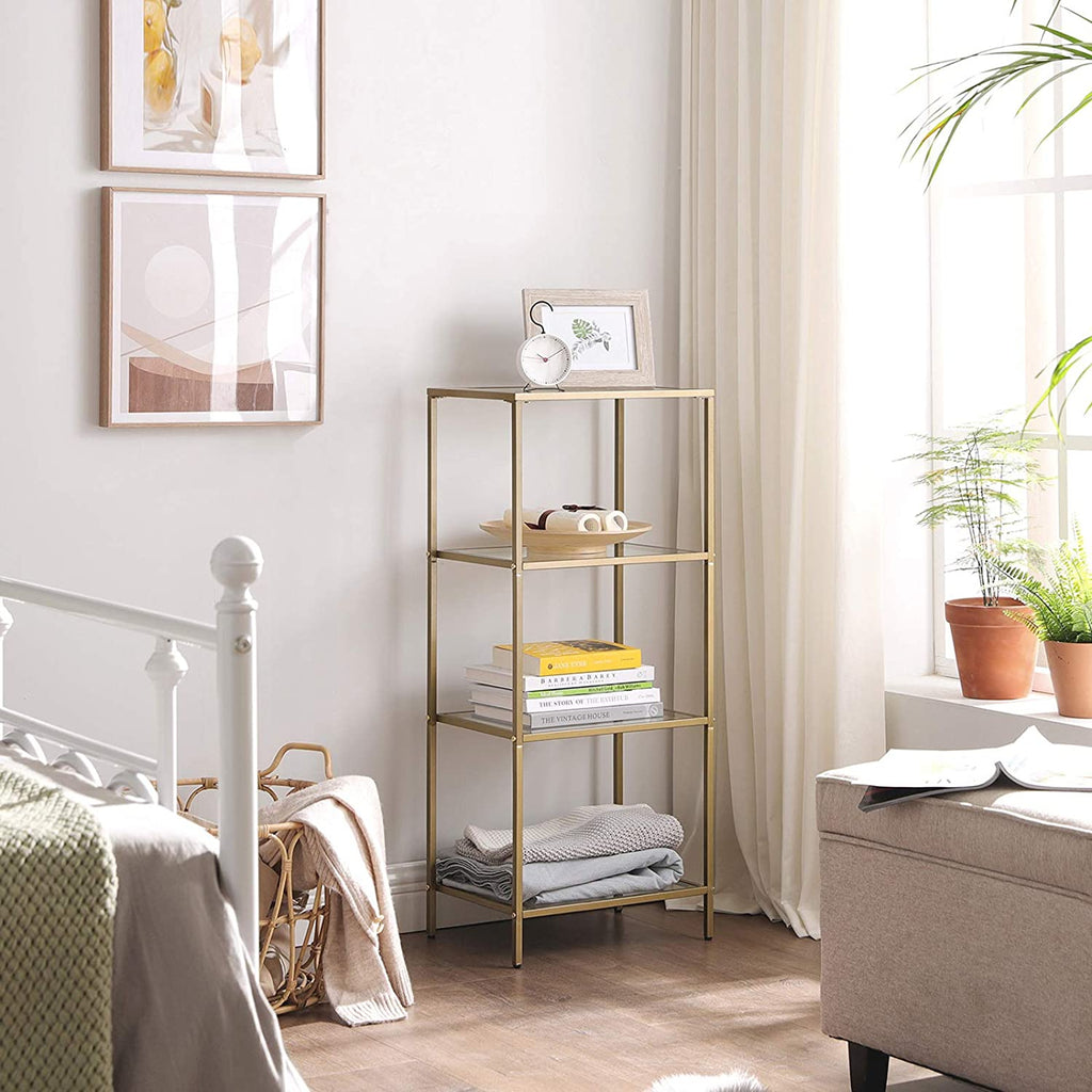 Badezimmerschrank - 4 Level - offener Schrank aus gehärtetem Glas - Gold -ausgelöster Stahlrahmen
