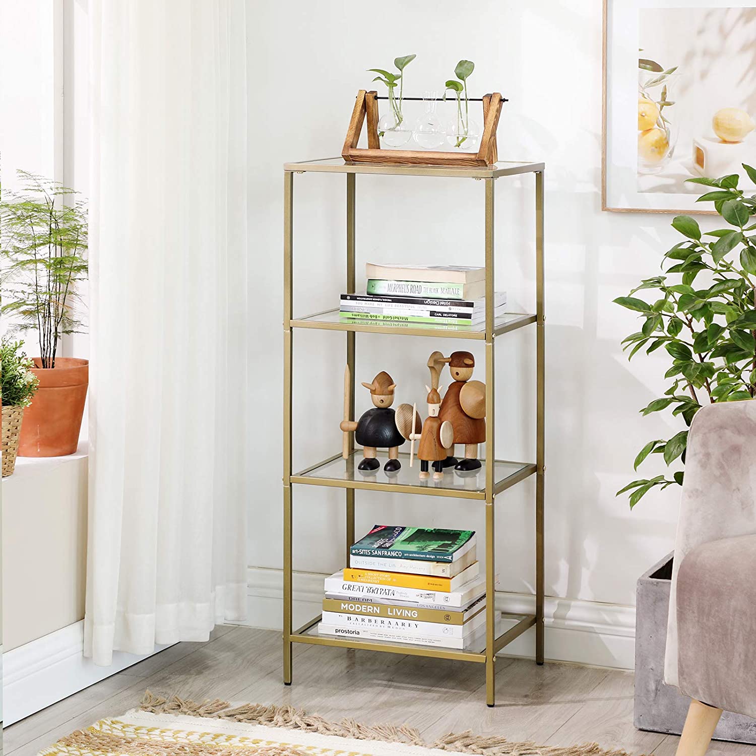 Badezimmerschrank - 4 Level - offener Schrank aus gehärtetem Glas - Gold -ausgelöster Stahlrahmen