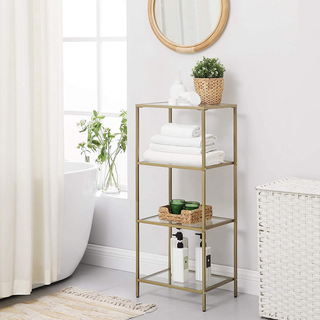 Badezimmerschrank - 4 Level - offener Schrank aus gehärtetem Glas - Gold -ausgelöster Stahlrahmen