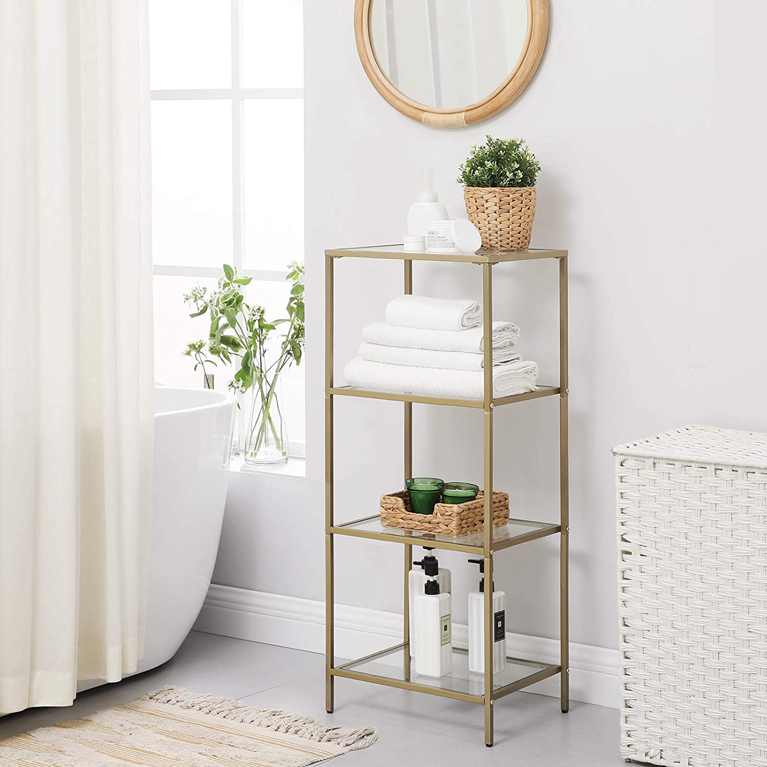 Badezimmerschrank - 4 Level - offener Schrank aus gehärtetem Glas - Gold -ausgelöster Stahlrahmen