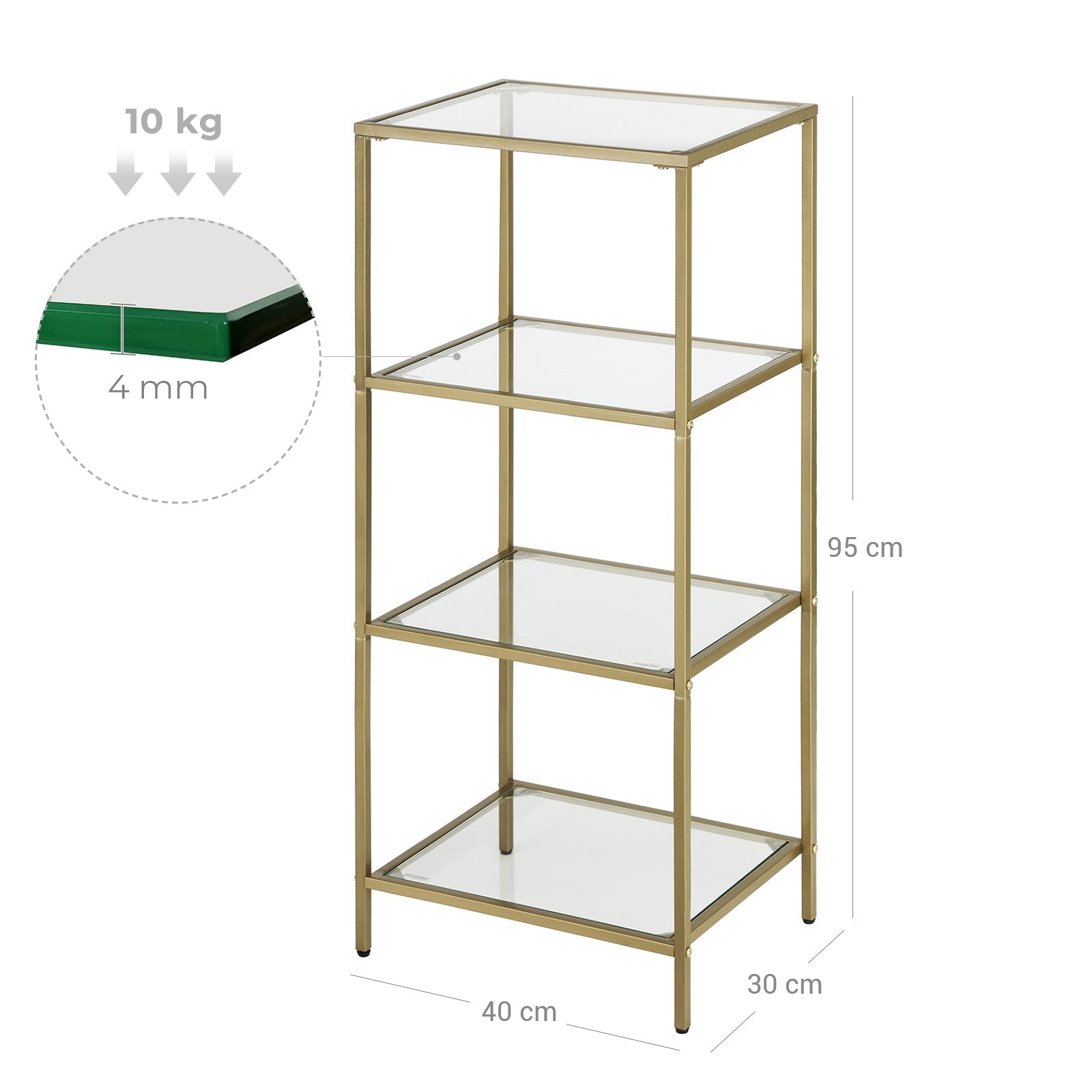 Badezimmerschrank - 4 Level - offener Schrank aus gehärtetem Glas - Gold -ausgelöster Stahlrahmen