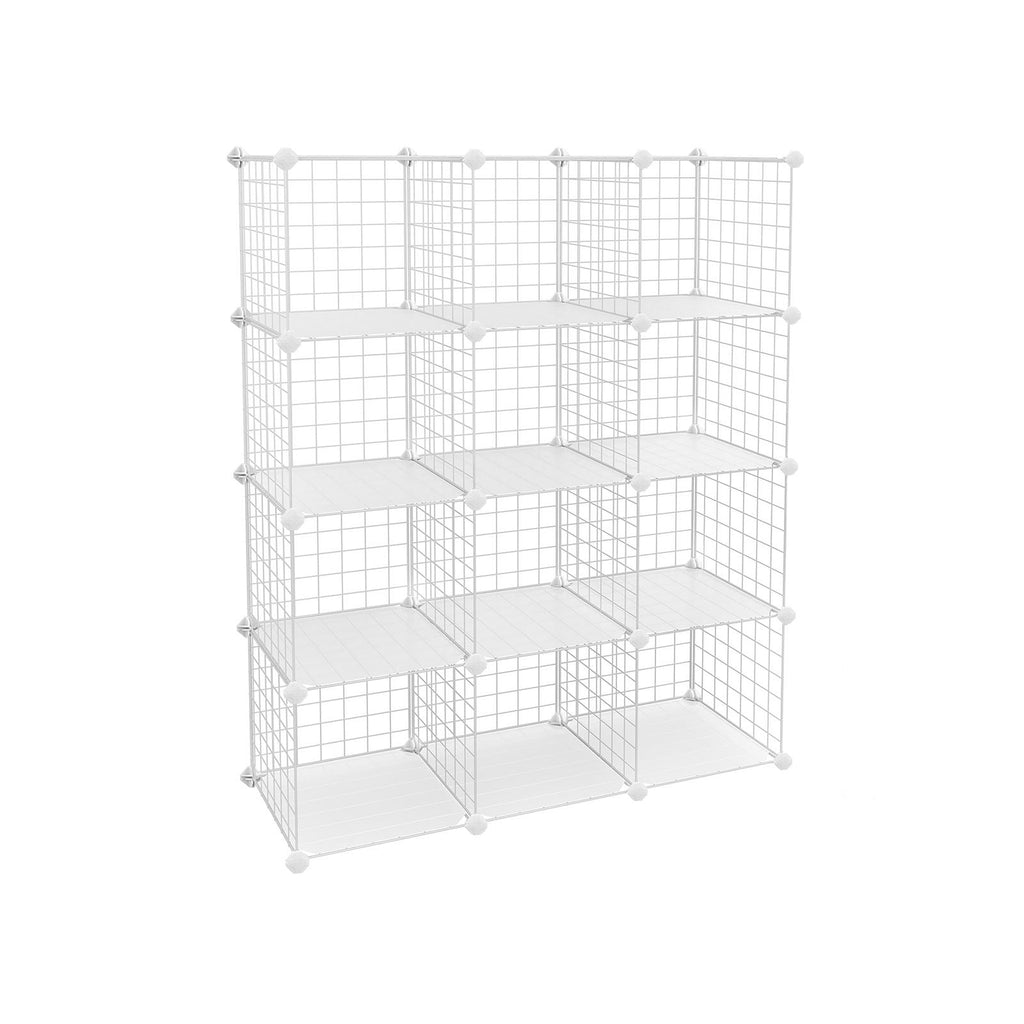 Lagerschrank - Würfelschrank mit 12 Fächern - Rack -System mit Drahtnetz - Stehschrank - Weiß
