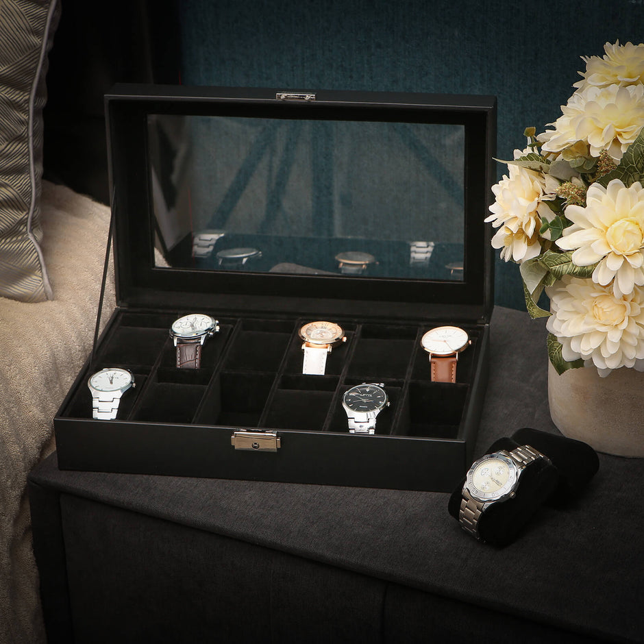 Watchbox - 12 Uhren - Glasdeckel - Schwarz