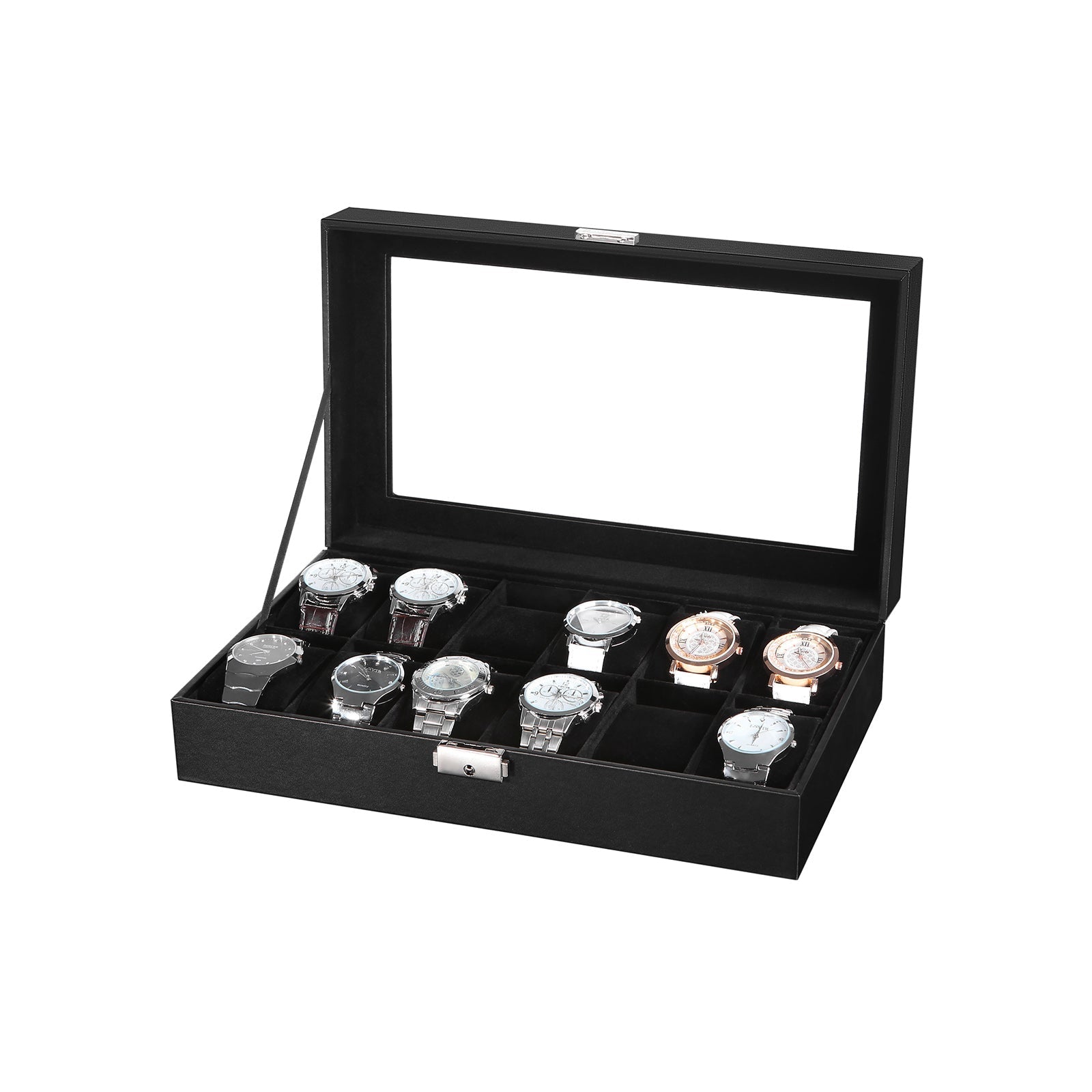 Watchbox - 12 Uhren - Glasdeckel - Schwarz