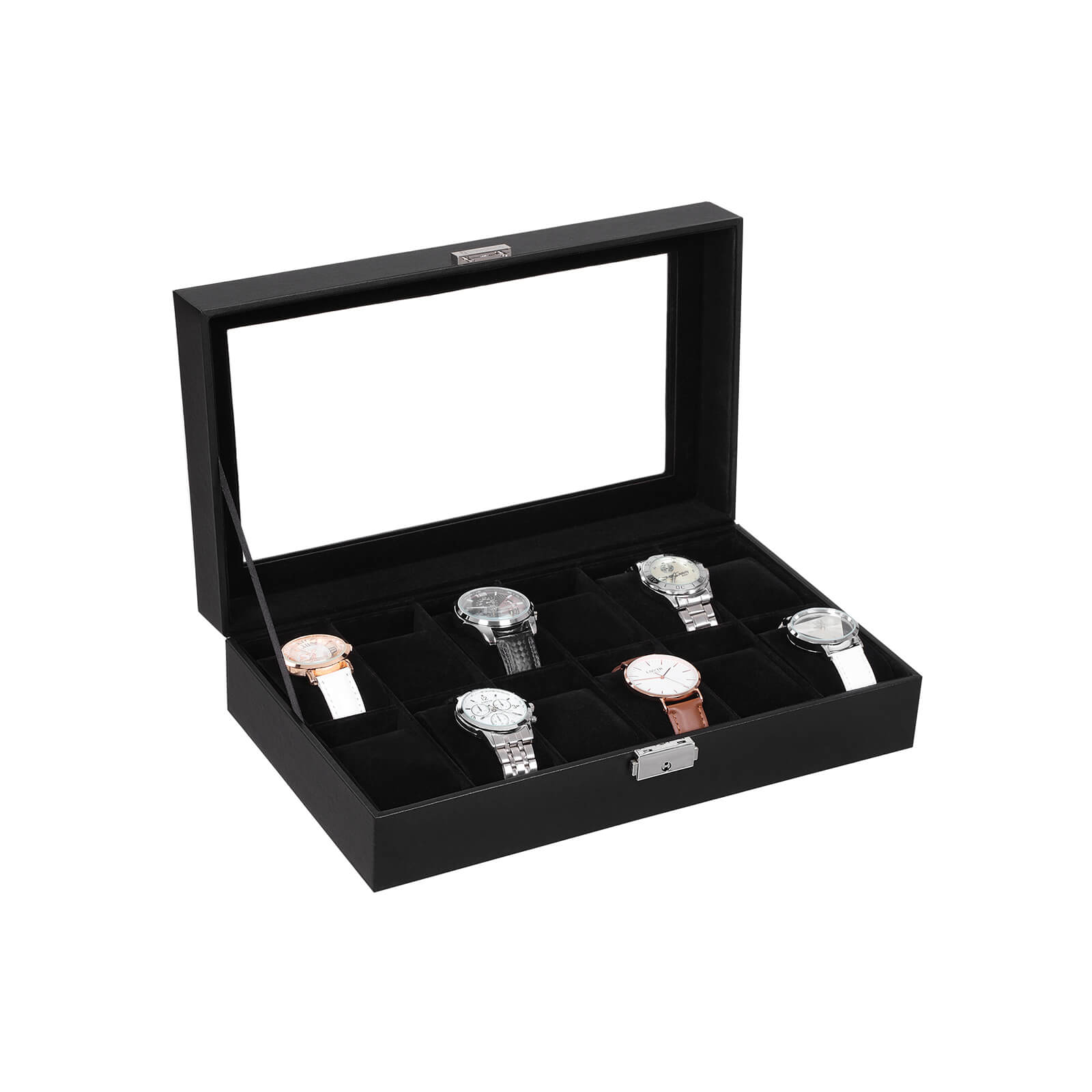 Watchbox - 12 Uhren - Glasdeckel - Schwarz