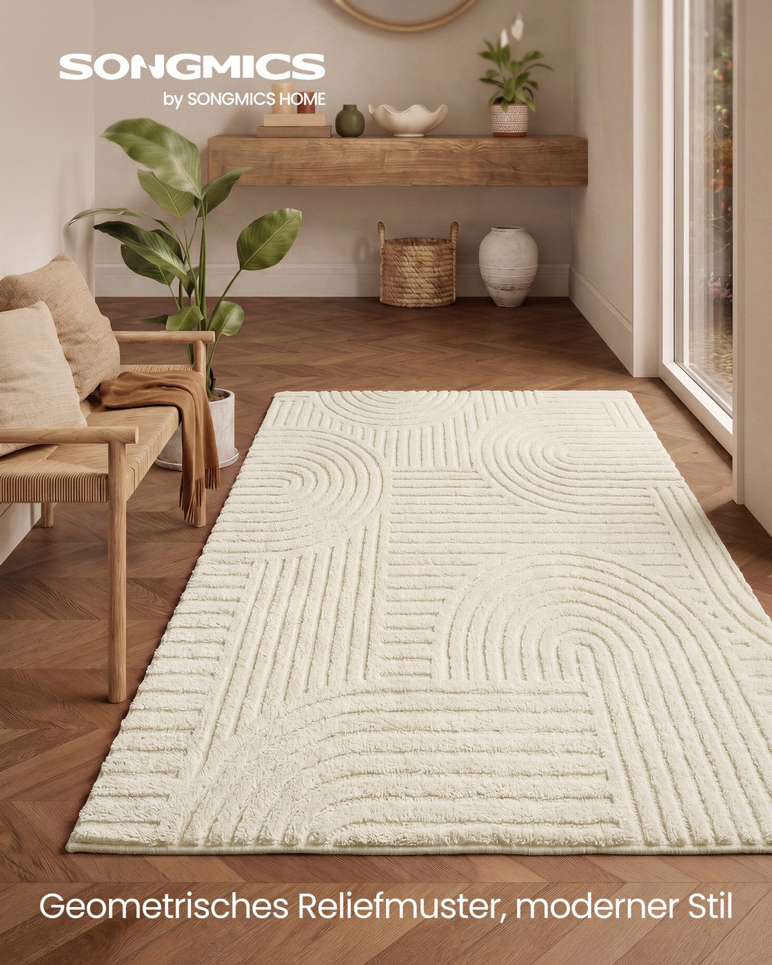 Vloerkleed - 170 x 120 cm - 3D Geometrisch Patroon - Wasbaar - Crèmewit