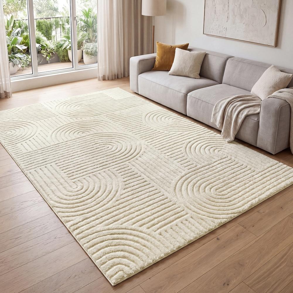 Vloerkleed - 290 x 200 cm - 3D Geometrisch Patroon - Wasbaar - Crèmewit