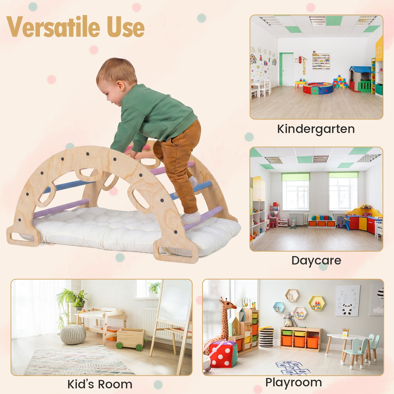 Klattringbåge – i trä Montessori klättergunga med mjukt kuddar klättertriangel för barn från år Macaron – 3 – Macaron färgglad